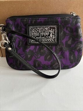 Coach Purple and Black Leopard Wristlet with Patent Trim